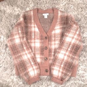 NWT Cupcake & Cashmere Cropped Brushed Boyfriend Cardigan Pink/Mauve Plaid Sz S